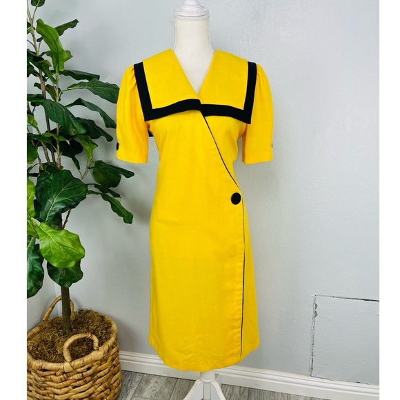 Vintage Dresses & Skirts - Vintage Yellow Sailor Faux Wrap Midi Linen Dress